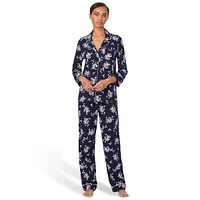 2-Piece Printed Notch-Collar Three-Quarter Sleeve Shirt & Pants Pyjamas Set