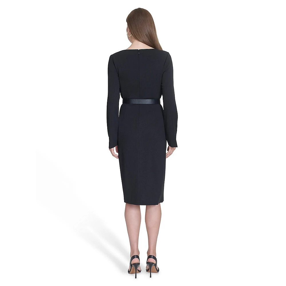 Long-Sleeve Boatneck Belted Sheath Dress