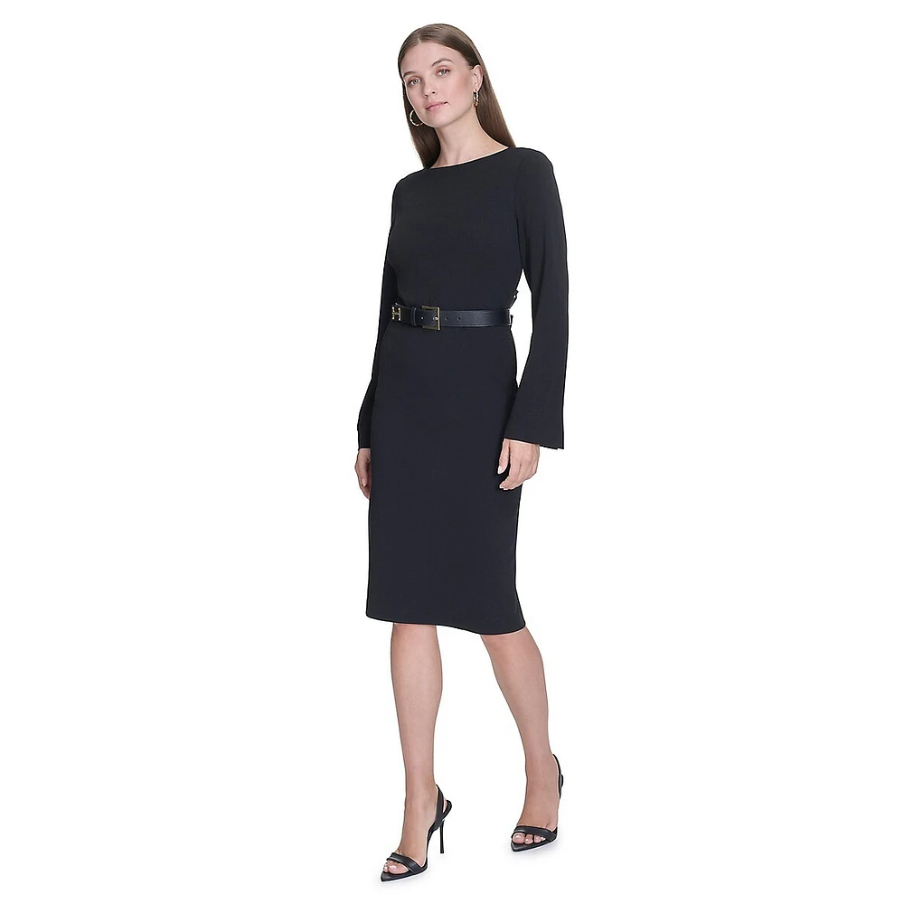 Long-Sleeve Boatneck Belted Sheath Dress