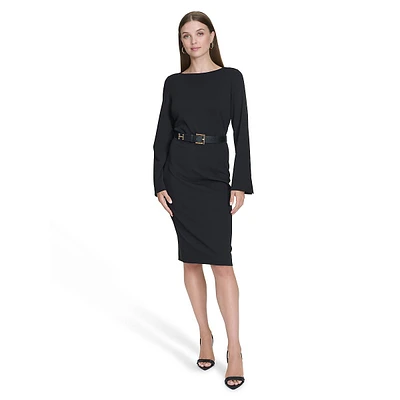 Long-Sleeve Boatneck Belted Sheath Dress