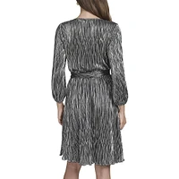 Ribbed-Metallic Long-Sleeve V-Neck Belted Dress