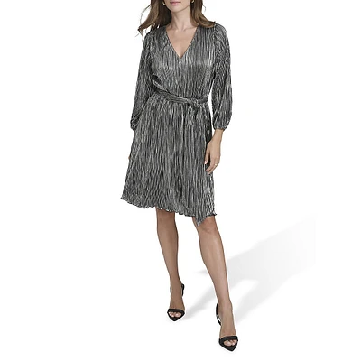 Ribbed-Metallic Long-Sleeve V-Neck Belted Dress