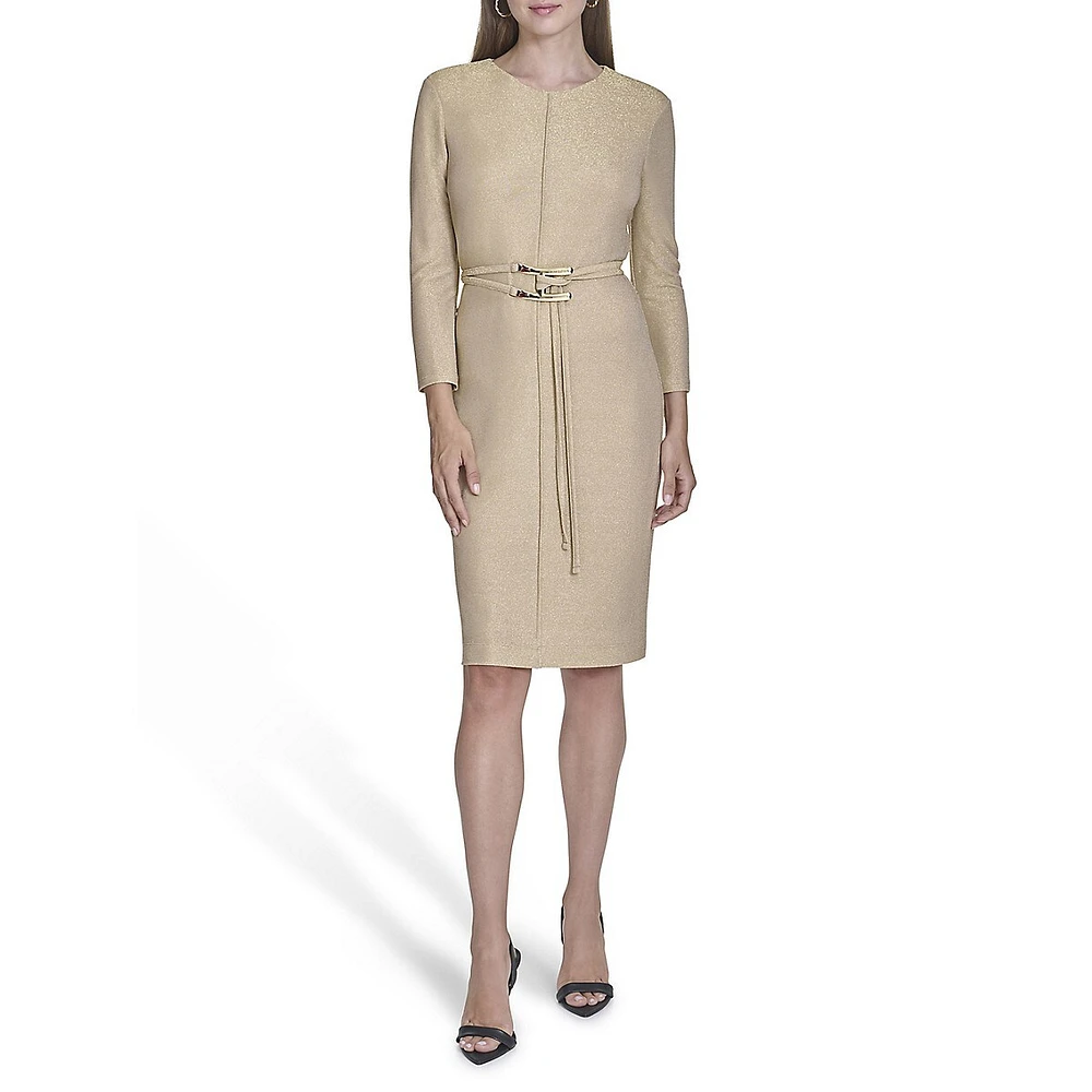 Lurex Knit Long-Sleeve H-Belt Sheath Dress