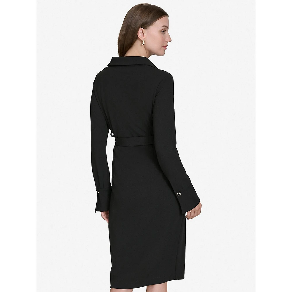 Long-Sleeve Scuba Crepe Belted Shirt Dress