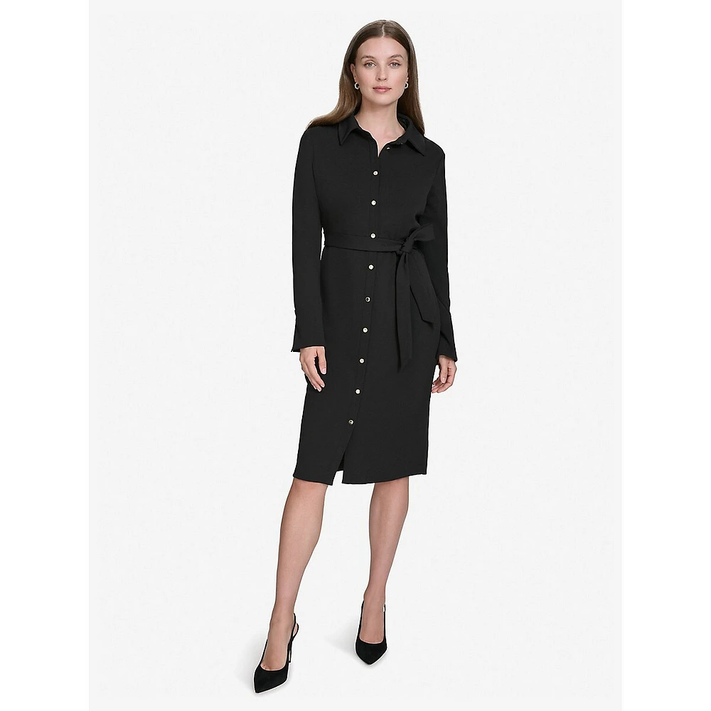 Long-Sleeve Scuba Crepe Belted Shirt Dress