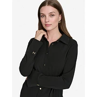 Long-Sleeve Scuba Crepe Belted Shirt Dress