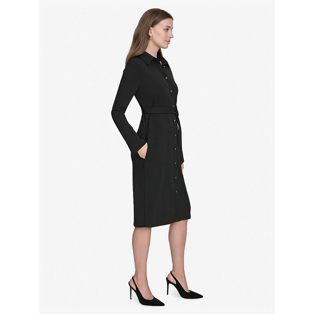 Long-Sleeve Scuba Crepe Belted Shirt Dress