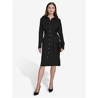 Long-Sleeve Scuba Crepe Belted Shirt Dress