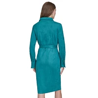 Faux Suede Long-Sleeve Belted Shirt Dress