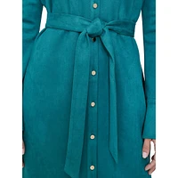 Faux Suede Long-Sleeve Belted Shirt Dress