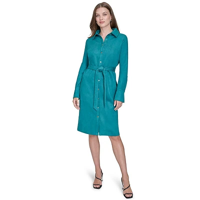 Faux Suede Long-Sleeve Belted Shirt Dress