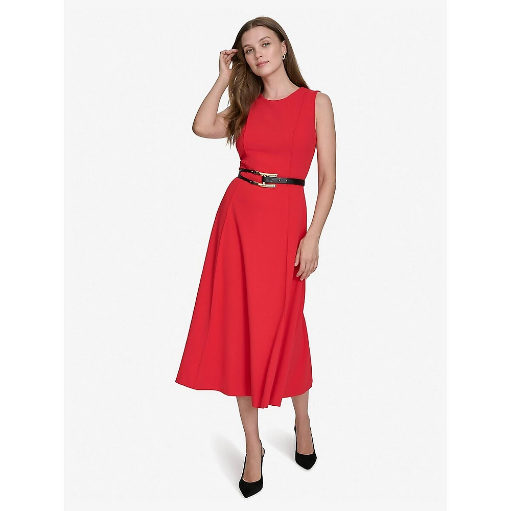 Sleeveless Scuba Crepe Belted Fit-&-Flare Dress