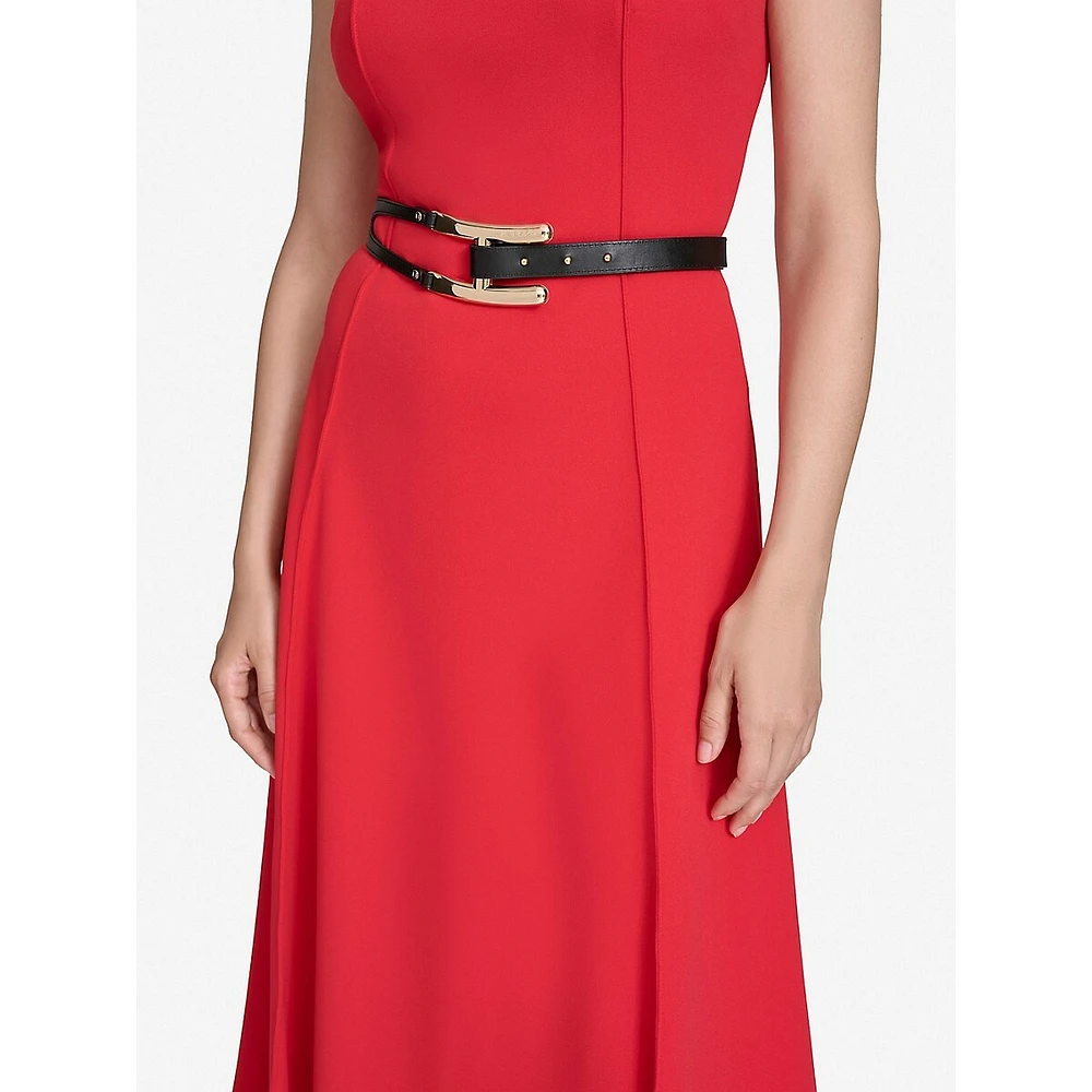 Sleeveless Scuba Crepe Belted Fit-&-Flare Dress