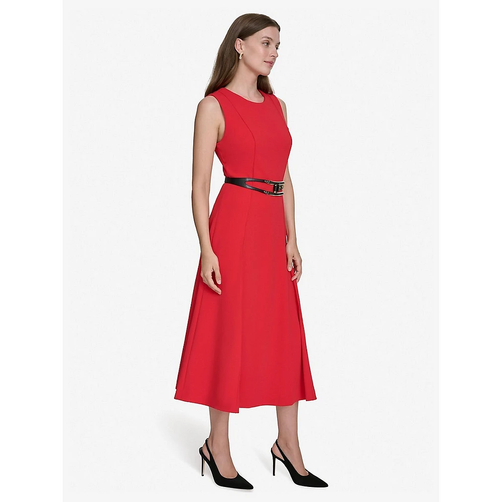 Sleeveless Scuba Crepe Belted Fit-&-Flare Dress