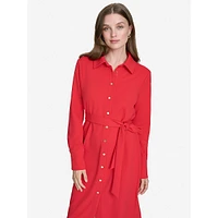 Long-Sleeve Scuba Crepe Belted Shirt Dress