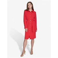 Long-Sleeve Scuba Crepe Belted Shirt Dress