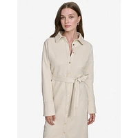 Faux Suede Long-Sleeve Belted Shirt Dress