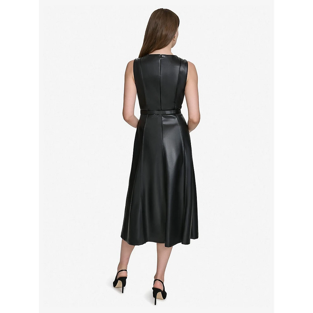 Vegan Leather Sleeveless Belted Fit-&-Flare Dress