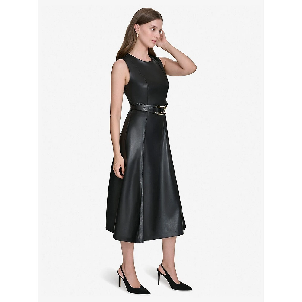 Vegan Leather Sleeveless Belted Fit-&-Flare Dress