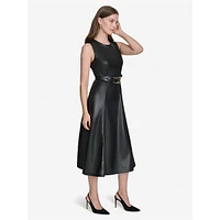 Vegan Leather Sleeveless Belted Fit-&-Flare Dress