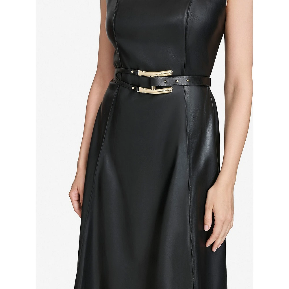 Vegan Leather Sleeveless Belted Fit-&-Flare Dress