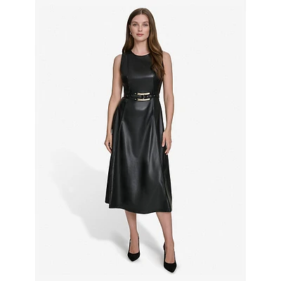 Vegan Leather Sleeveless Belted Fit-&-Flare Dress