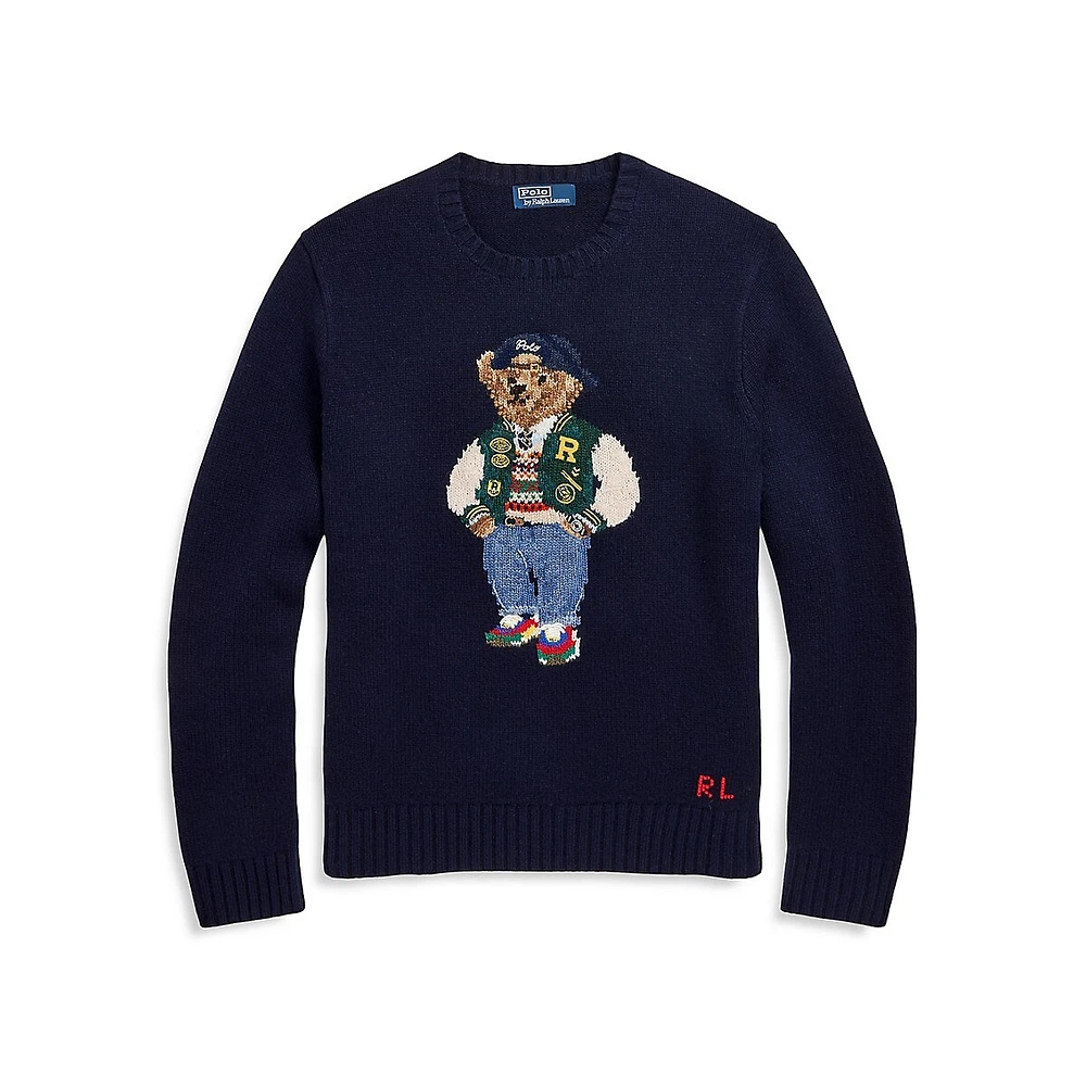 Wool-Cashmere Polo Bear Crewneck Sweater