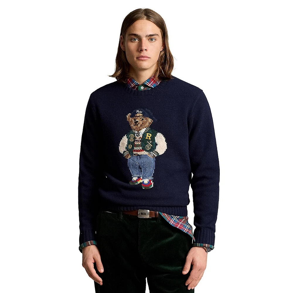 Wool-Cashmere Polo Bear Crewneck Sweater