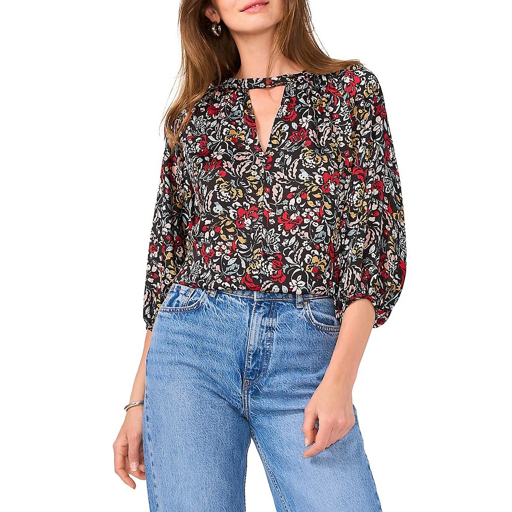 Peasant-Sleeve Keyhole Blouse