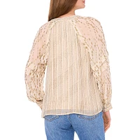 Mixed-Media Splitneck Puff-Sleeve Blouse