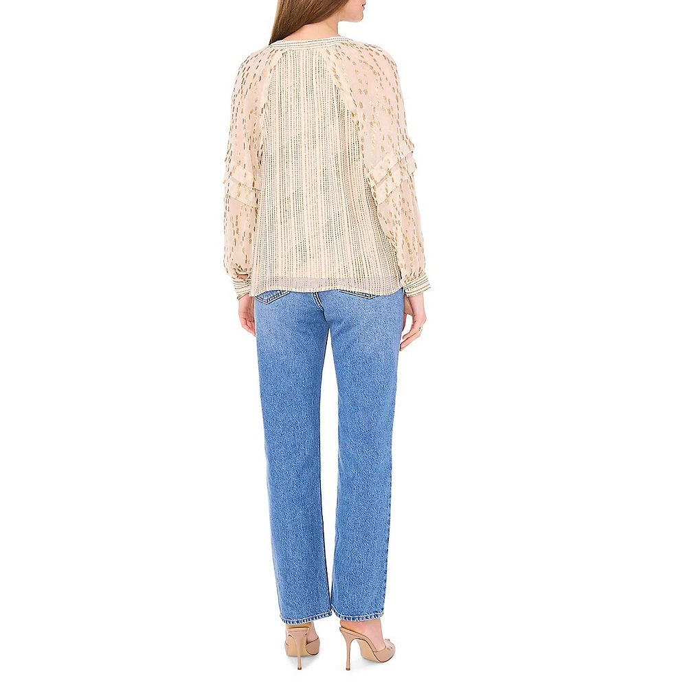 Mixed-Media Splitneck Puff-Sleeve Blouse