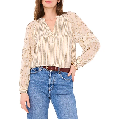 Mixed-Media Splitneck Puff-Sleeve Blouse