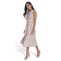 Robe ajustée et évasée sans manches en crêpe à pois avec ceinture
