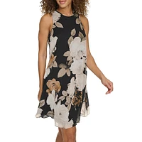 Floral Crinkle Chiffon Mini Shift Dress