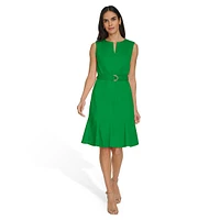 Belted Sleeveless Godet Midi Dress