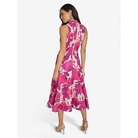 Pleated Floral Scuba Highneck Fit-&-Flare Dress