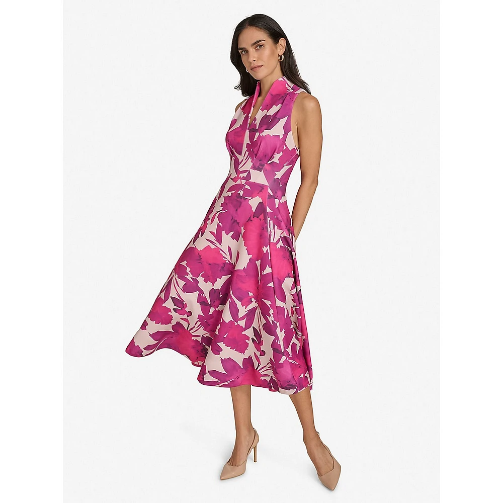 Pleated Floral Scuba Highneck Fit-&-Flare Dress