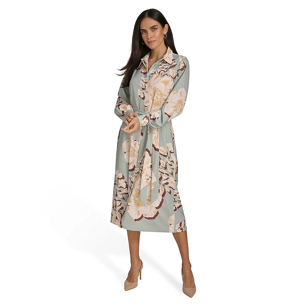 Floral Waist-Tie Shirt Dress