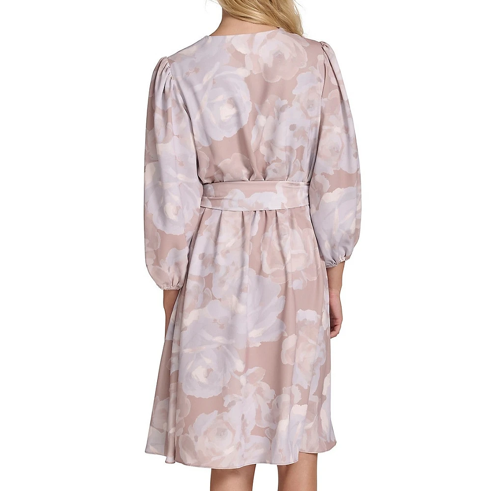 Tied Printed Puff-Sleeve Faux Wrap Dress