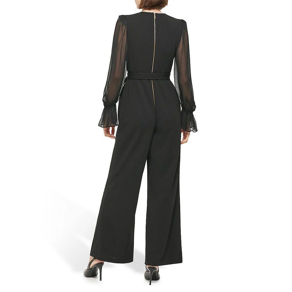 Tied Scuba Crepe & Chiffon Bishop-Sleeve Jumpsuit