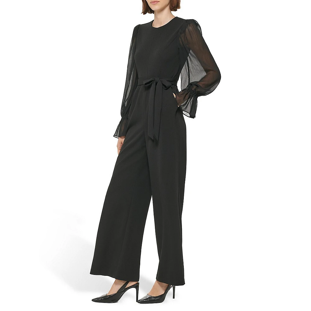 Tied Scuba Crepe & Chiffon Bishop-Sleeve Jumpsuit