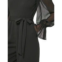 Tied Scuba Crepe & Chiffon Bishop-Sleeve Jumpsuit