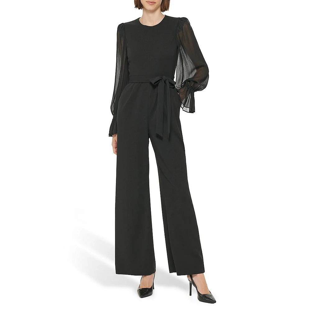 Tied Scuba Crepe & Chiffon Bishop-Sleeve Jumpsuit