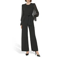 Tied Scuba Crepe & Chiffon Bishop-Sleeve Jumpsuit