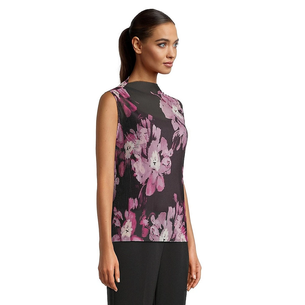 Floral Pleated Mesh Top