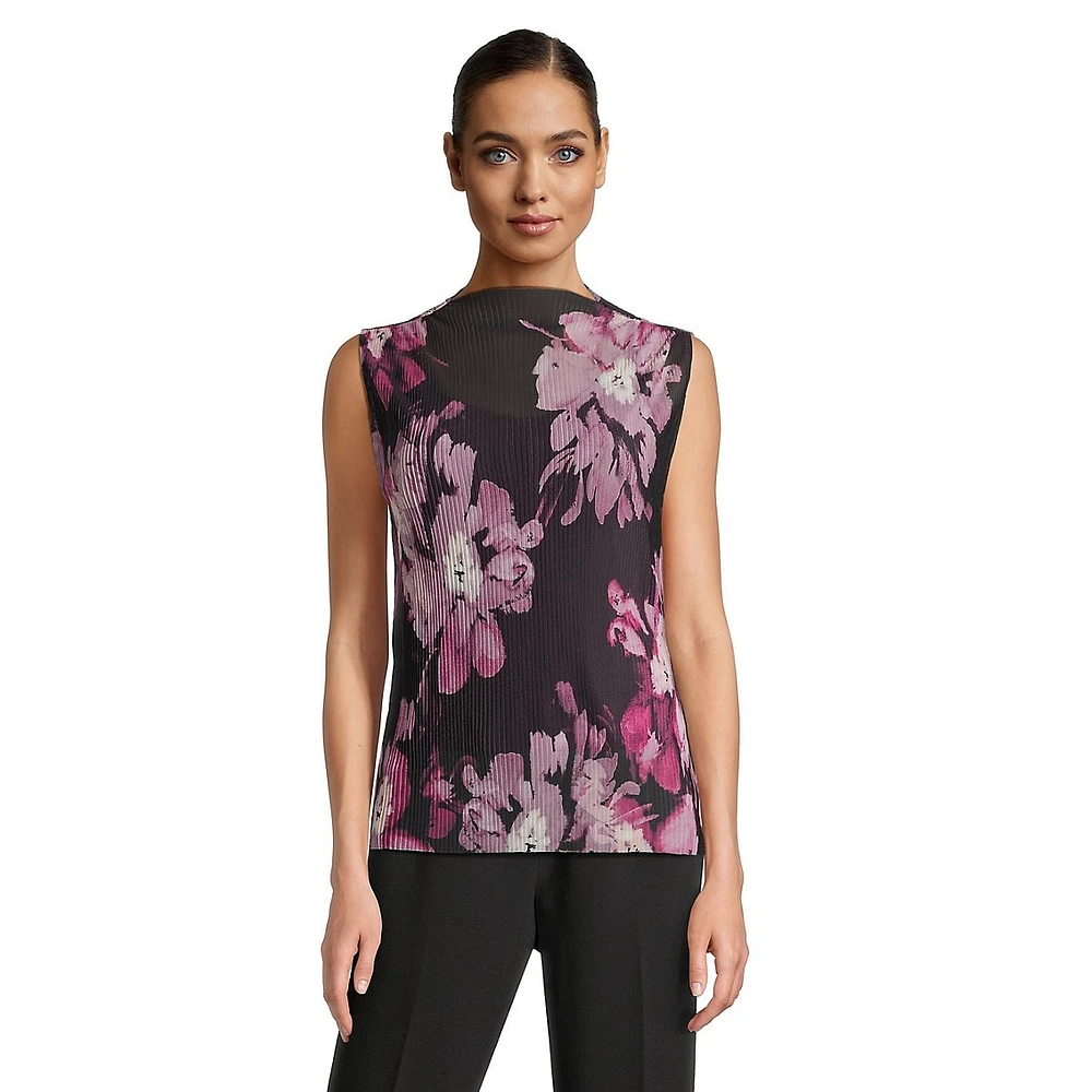 Floral Pleated Mesh Top