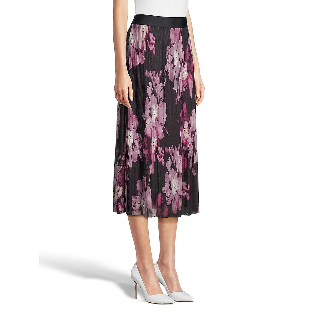 Printed Pleated Mesh Midi Skirt