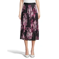 Printed Pleated Mesh Midi Skirt