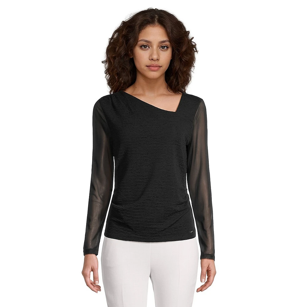 Sheer-Sleeve Textured & Ruched Top