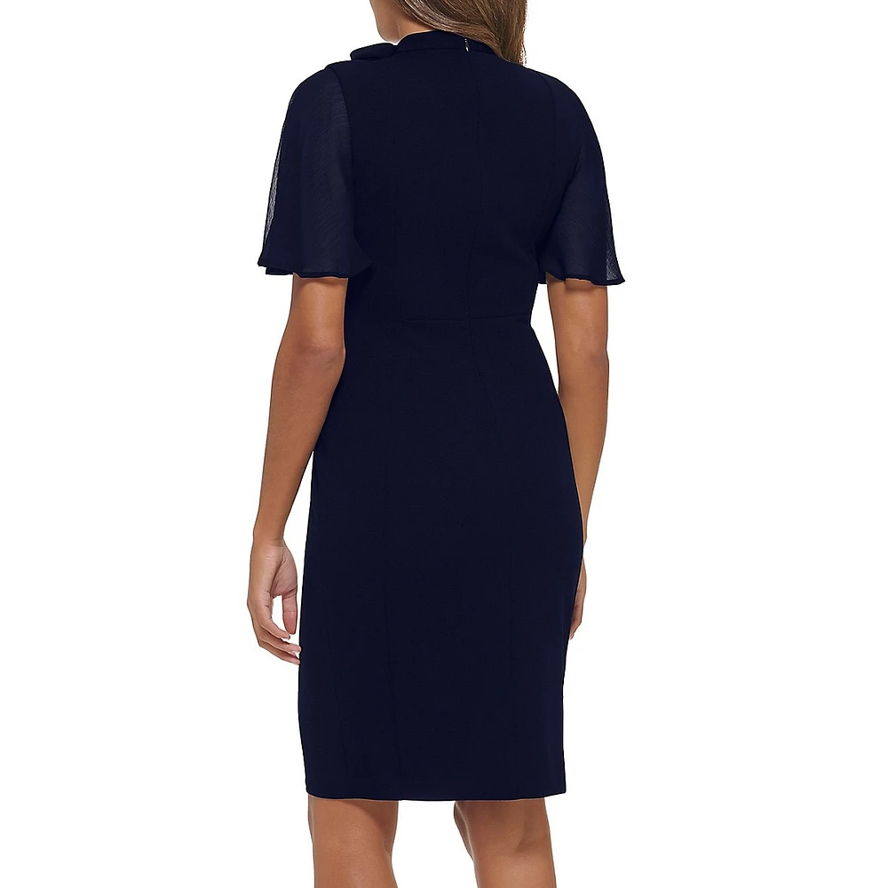 Flutter-Sleeve Neck-Bow Scuba Crepe Sheath Dress